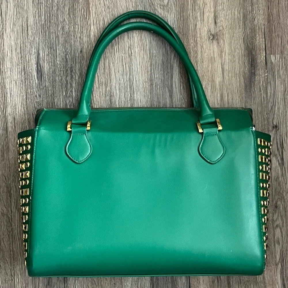 IMAN Faux Leather Purse Tote Handbag Green Gold Studded Designer Luxury Classic - Picture 2 of 12